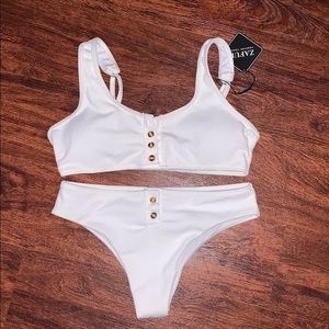 white ribbed button up bikini